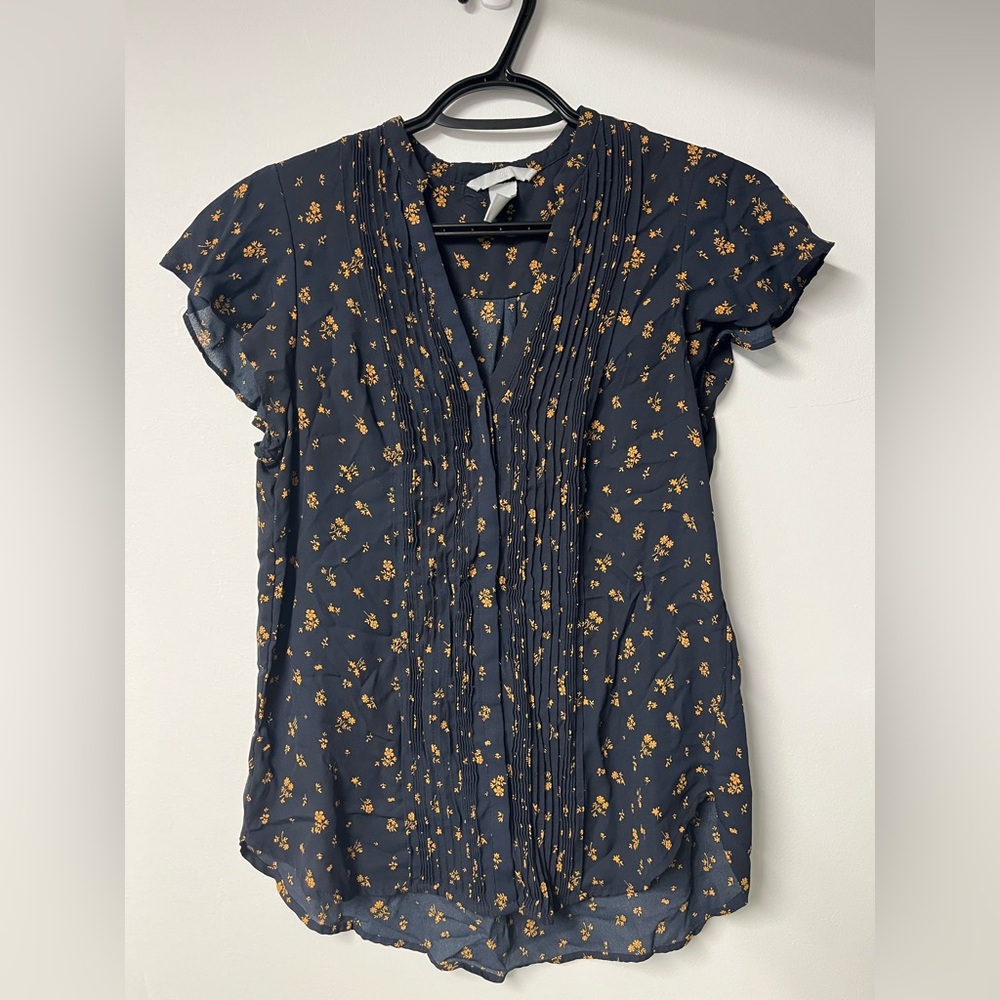 H&M Dark Blue Blouse with Yellow Floral Design